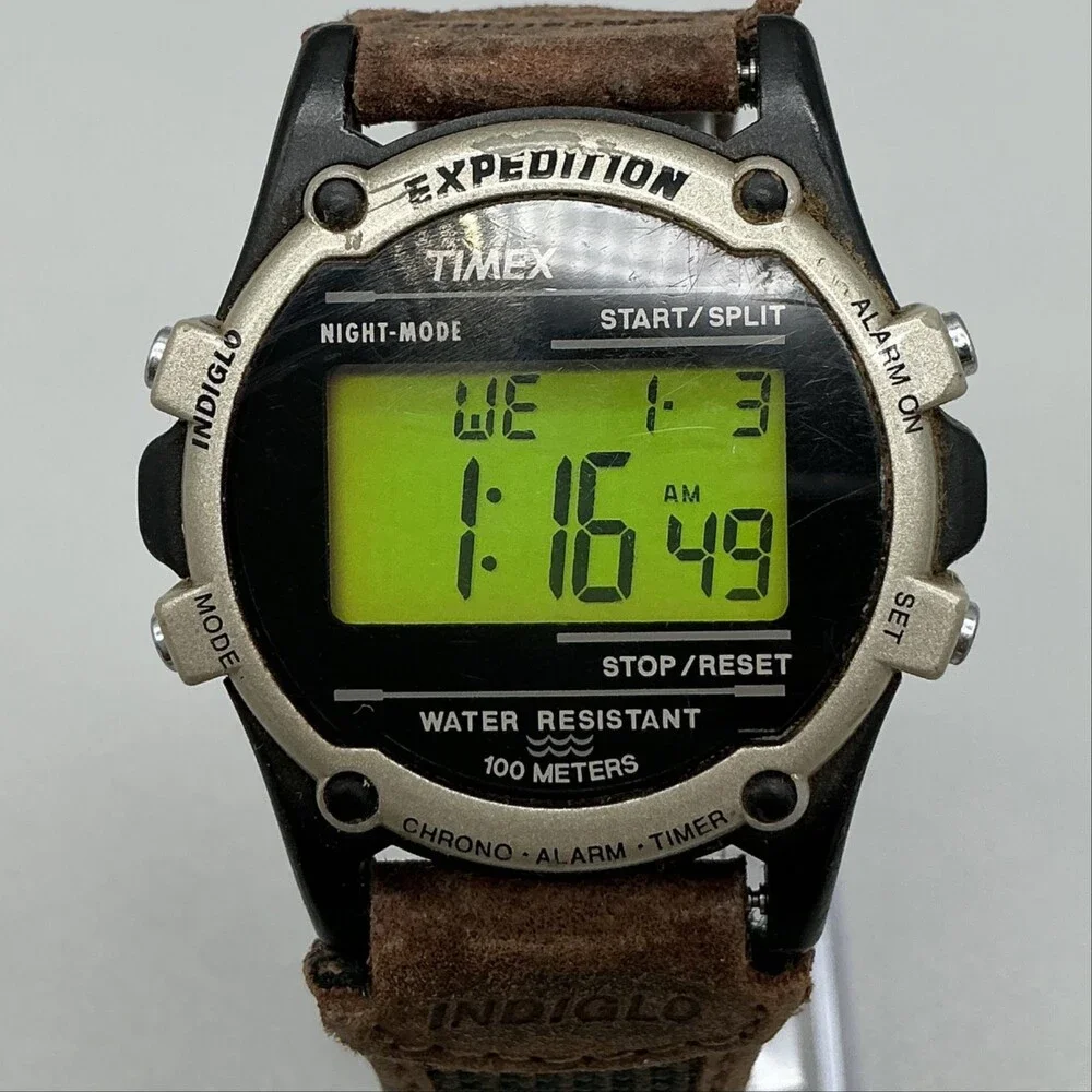 Vintage Timex Expedition Mens Watch 40mm Green Digital Indiglo 100M New Battery